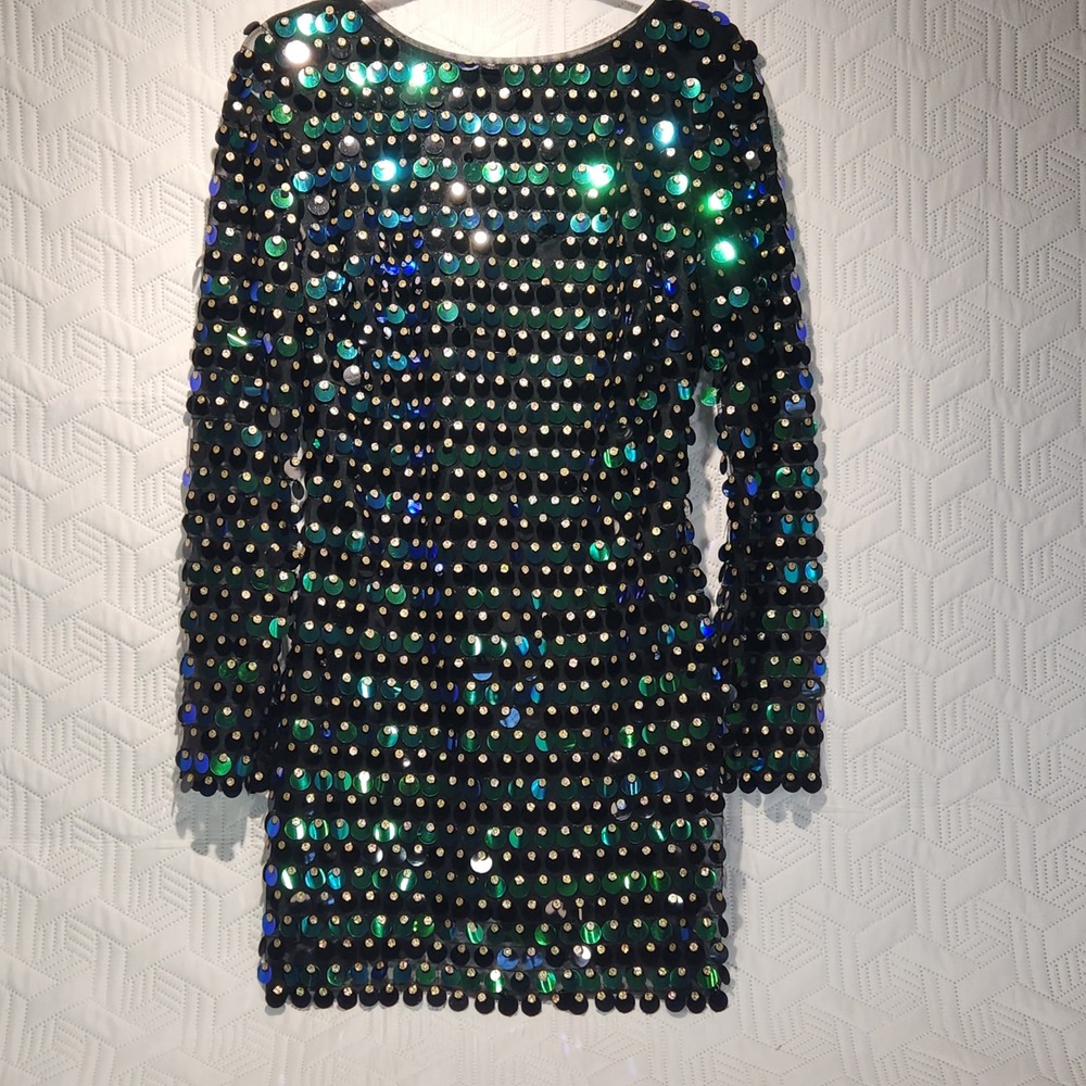 Lulus Dress Party Sequin Long Sleeve Mini Black Green Blue Glitz Glam‎ NWT Large
